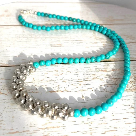 Turquoise and Silver Plated Beaded Necklace - Picture 2 of 4